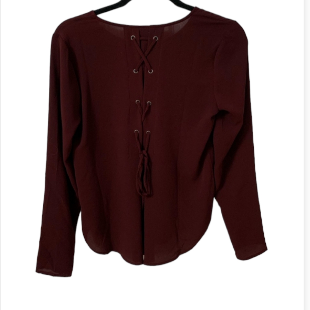 Forever 21 Burgundy Long Sleeve Lace Up Back Blouse